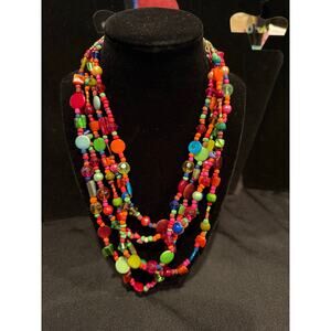 Boho statement necklace 5 strands of colorful glass, mother of pearl beads VTG